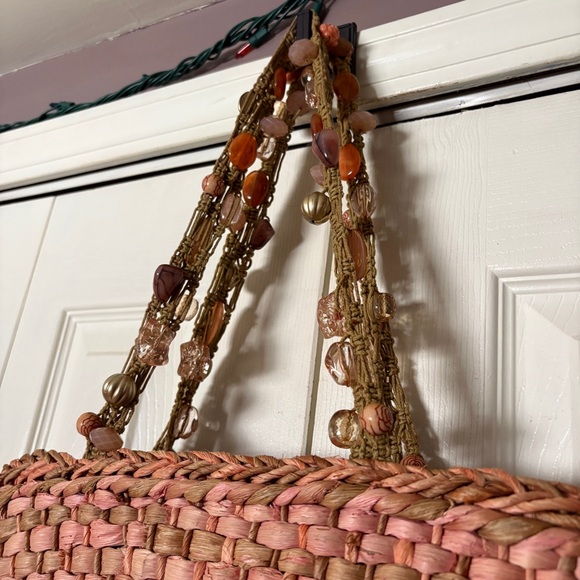 Cappelli Straworld Y2K Boho Pink Woven Shoulder Tote Style Bag w/ Beaded Straps - Picture 3 of 11